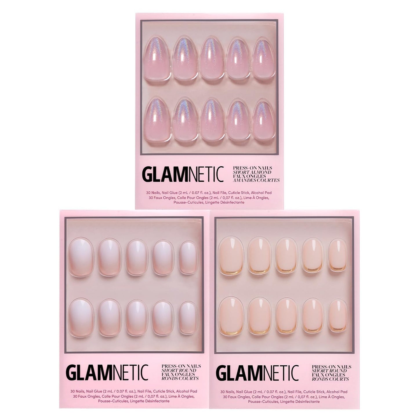 Glamnetic Press-On Nails Bundle - Creamer, Goal Digger & Winter Storm | Neutral Ombre Round | Glossy, Semi-Transparent, Round | Holographic Short Almond Nails | Reusable