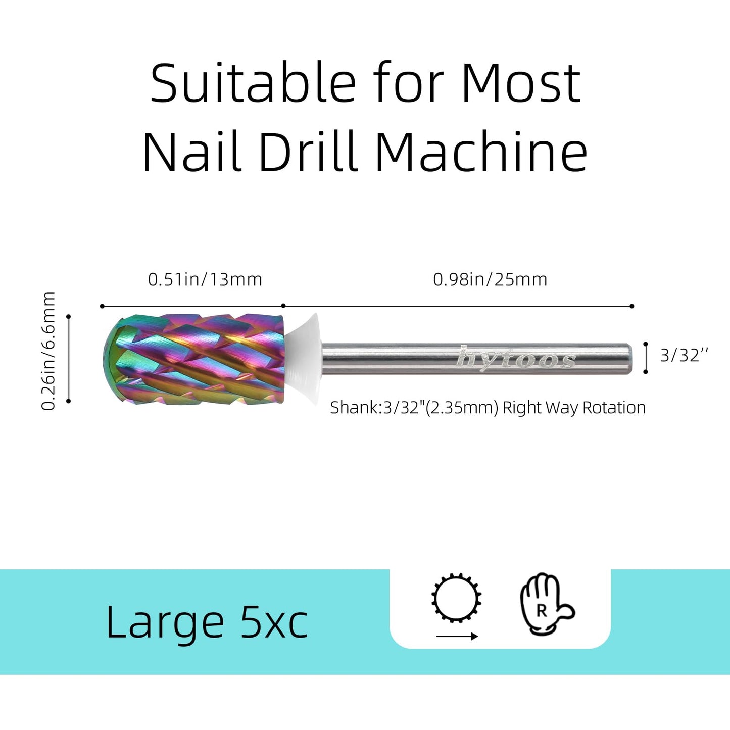 HYTOOS 5XC Nail Drill Bits, TaC Coating 6.6mm Large Tungsten Carbide Safety Barrel Bits for Thick Gel & Acrylic Removal, Pro Manicure Tools Electric File Drill Accessories