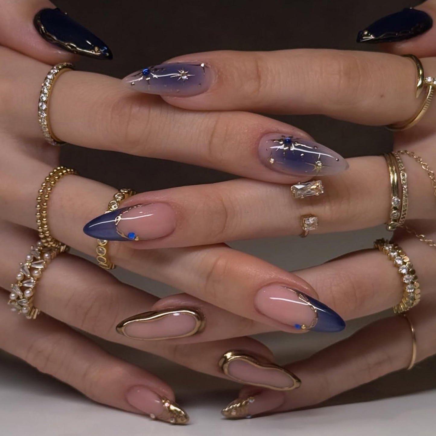 IMRAIN Press on Nails Medium Almond Fake Nails Blue Ombre Acrylic False Nails Golden Edge French Tip Full Cover Glue on Nails for Women