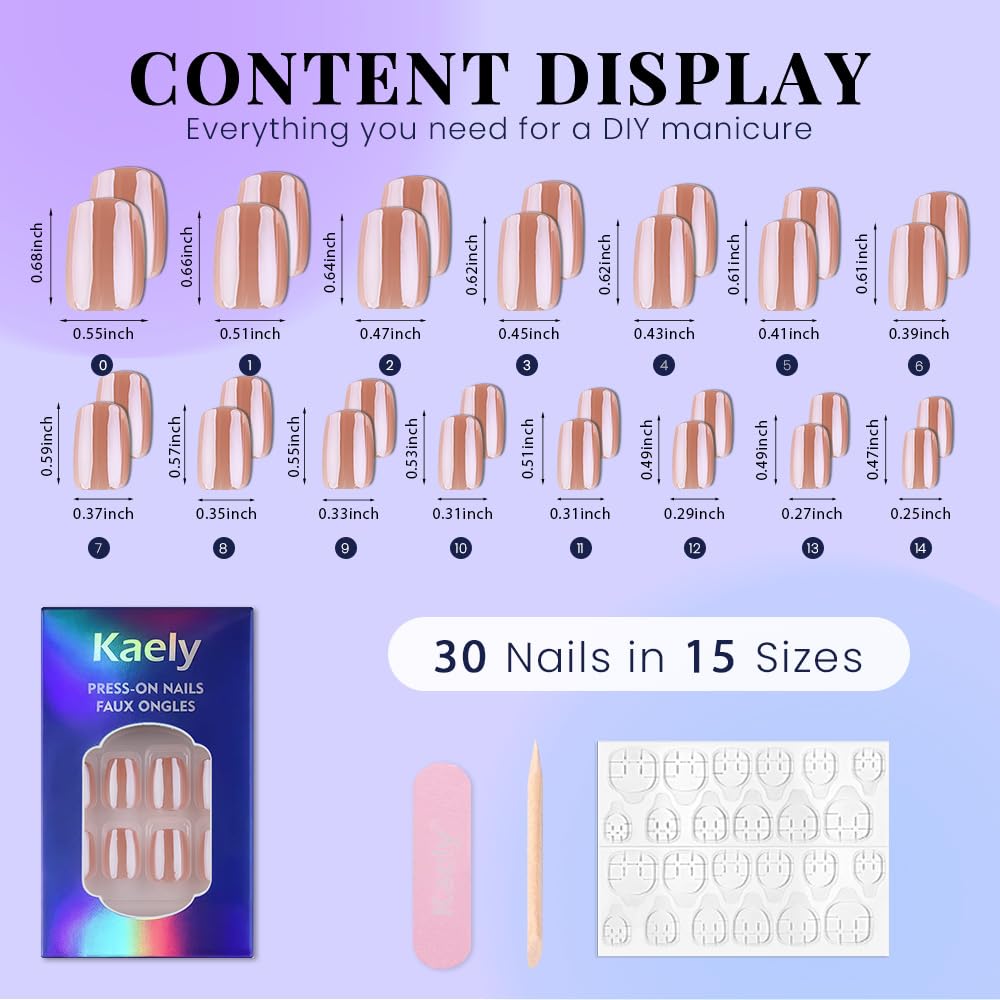 evpct Nude Glazed Press on Nails Short Square No Glue, Petite Short Square Chrome Metallic Aurora Stick on Nail for Women Gift, Reusable Full Cover Soft Press on Nail Perfectly Fit with Glazed Design