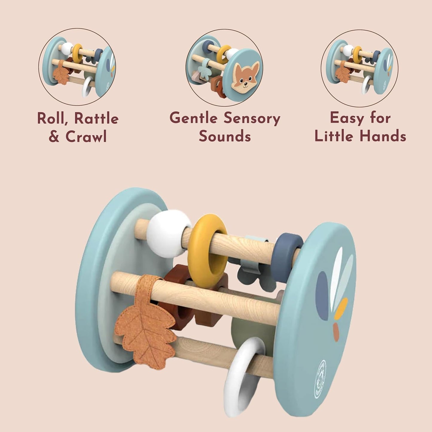 SPEEDY MONKEY Fox Roller Rattle Baby Toy | Wooden Animal Sensory Rolling Toy for Infants | Developmental Rattle for Crawling & Motor Skills | Early Learning Play for Babies & Newborns 6M+