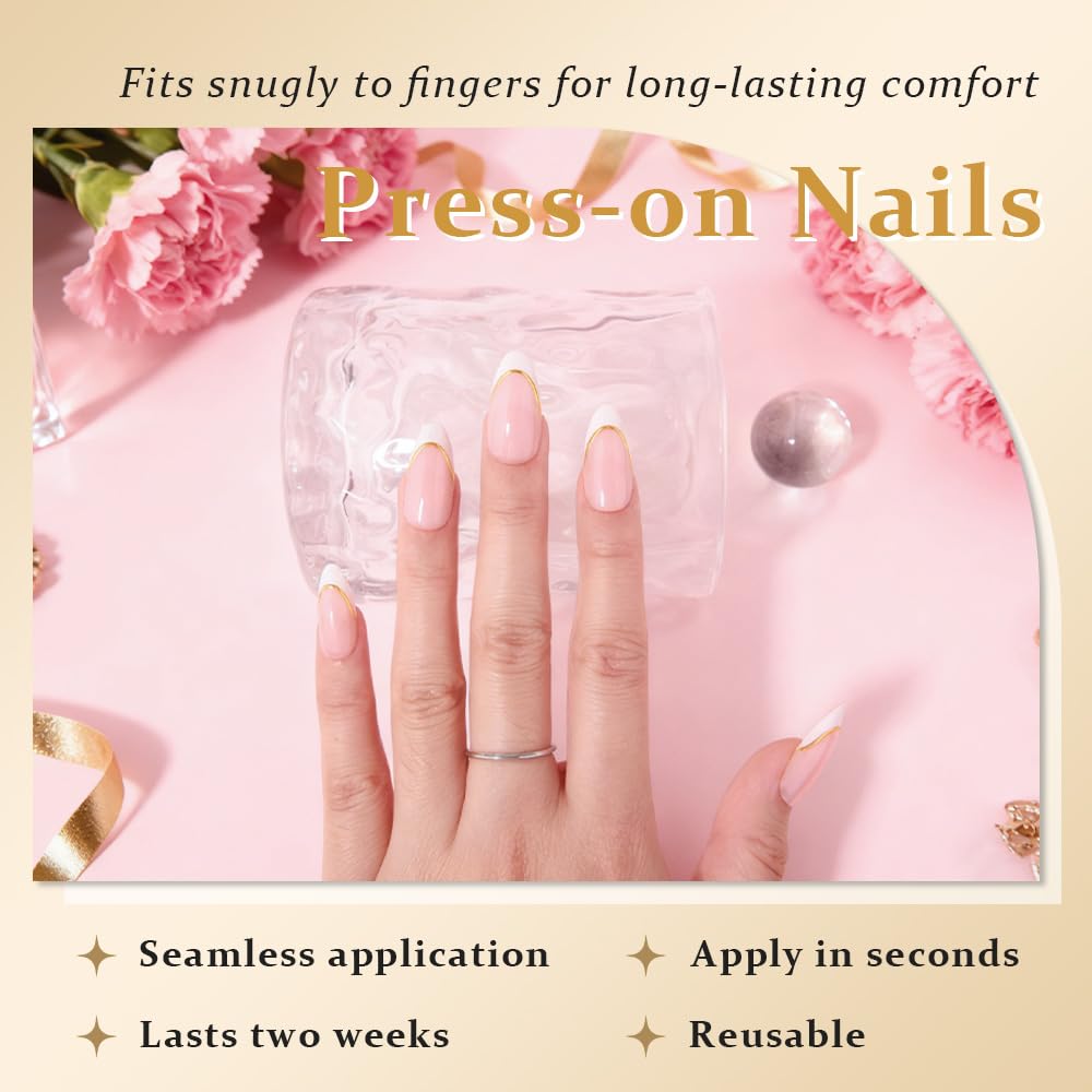 evpct French Tip Press On Nails Almond Medium, Nude Pink + Gold Line & Wihte Tips, Medium Almond Fake False Press on Nails, Soft Gel Stick on nail Press ons with Nail Kit, Reusable Salon Quality
