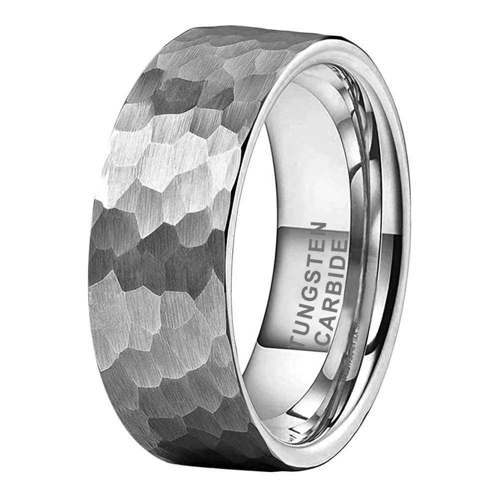 TUTISS 8mm Hammered Tungsten Rings for Men Women Fashion Engagement Wedding Bands Pipe Cut Matte Finish Comfort Fit Size 10