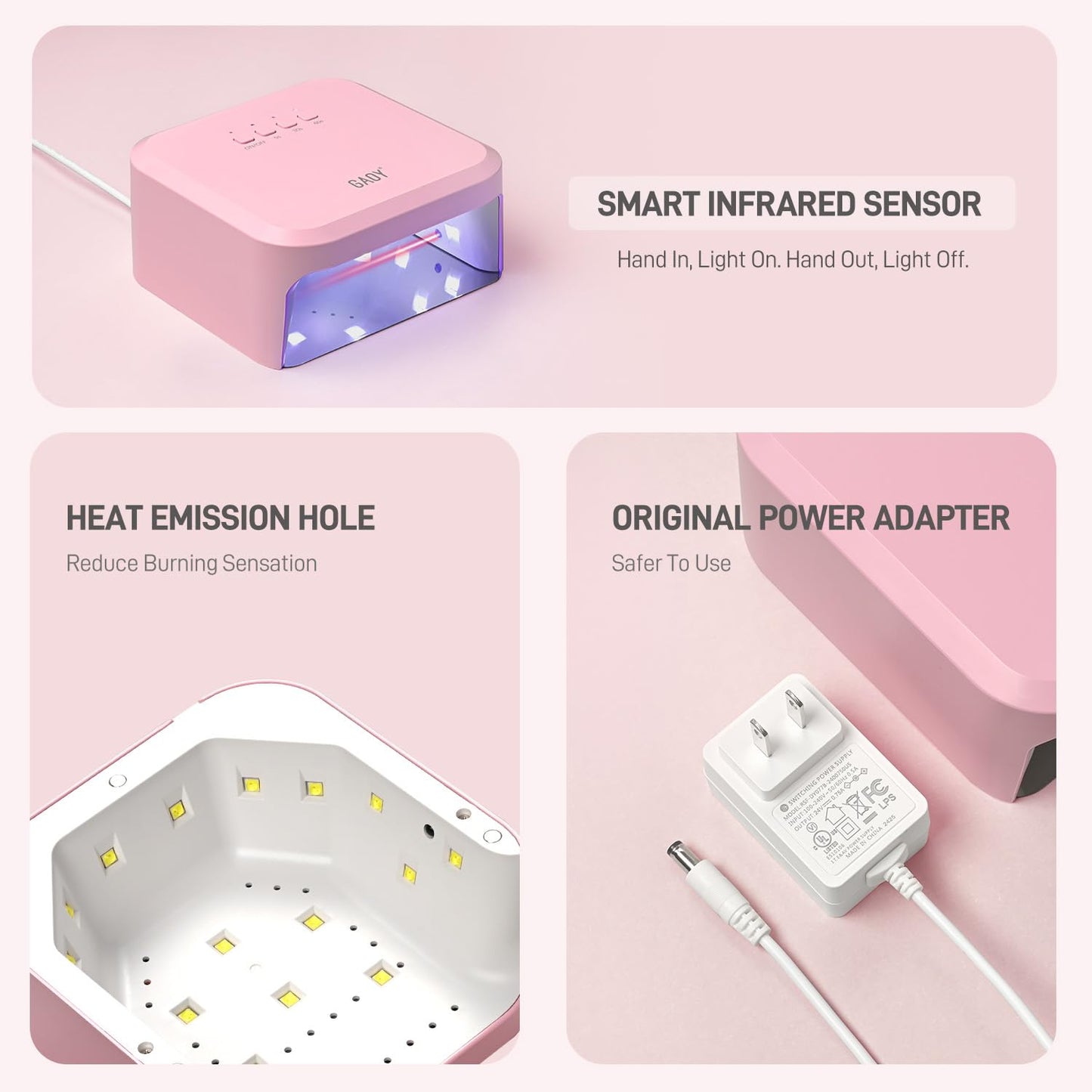 GAOY UV Light for Gel Nails, Professional Nail Dryer with Infrared Sensor and 3 Timers, Fast Curing Lamp for Salon and Manicure Art at Home, Pink