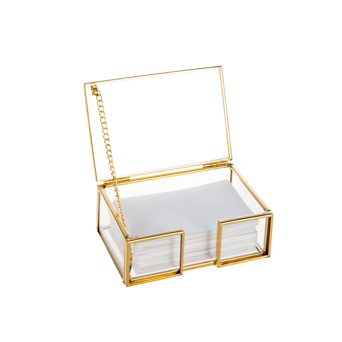 Feyarl Clear Gold Glass Business Card Box with Lid Name Card Display Organizer Container Collection Storage for Office Desktop CounterTop Meeting