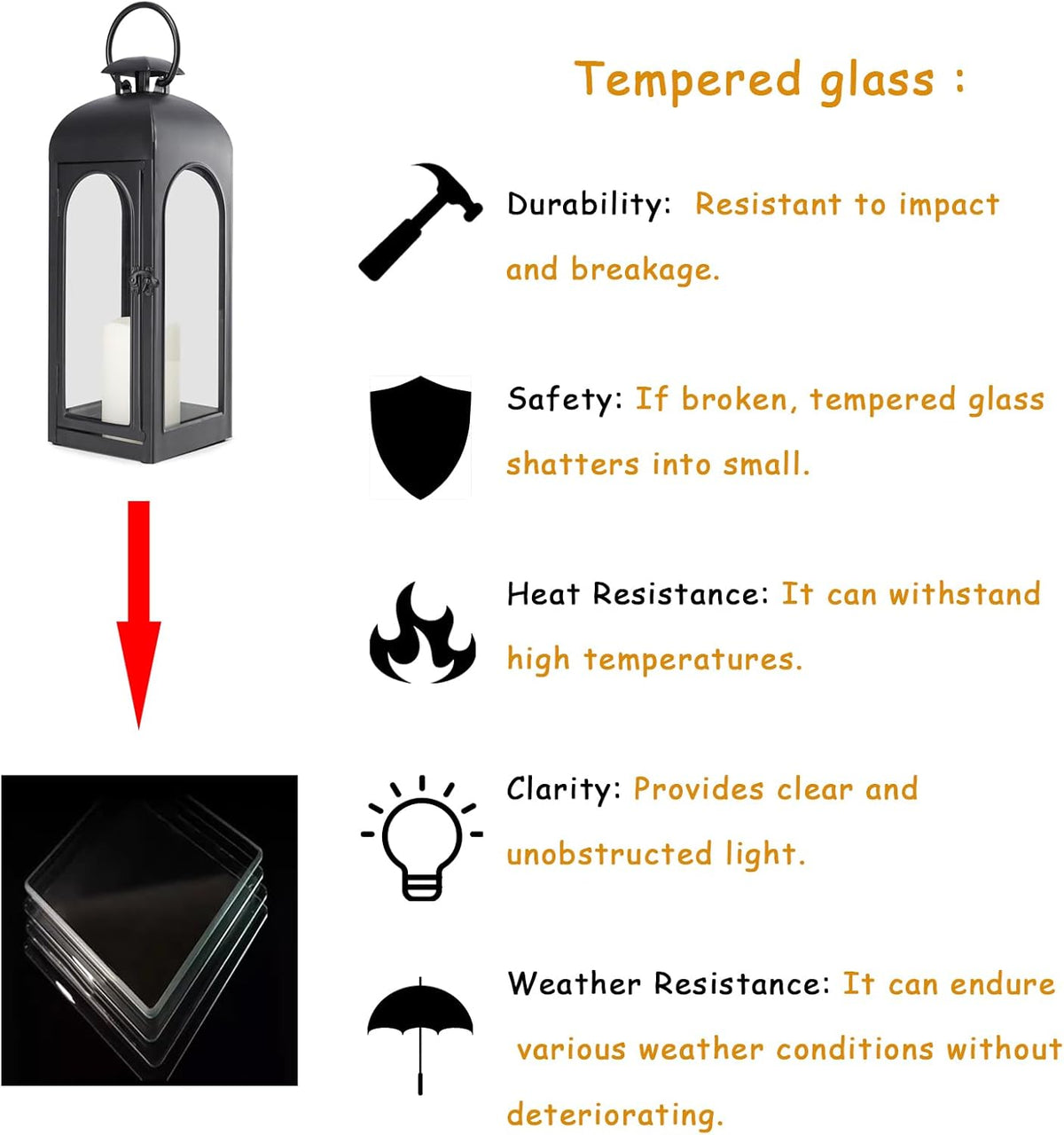 Bdor 2 Pack 16 Inches Metal and Tempered Glass Decorative Lantern with Electronic Wax Effect - Indoor/Outdoor Decorative Lighting, Handcrafted Aesthetic, Perfect for Home, Parties, and Holiday Decor