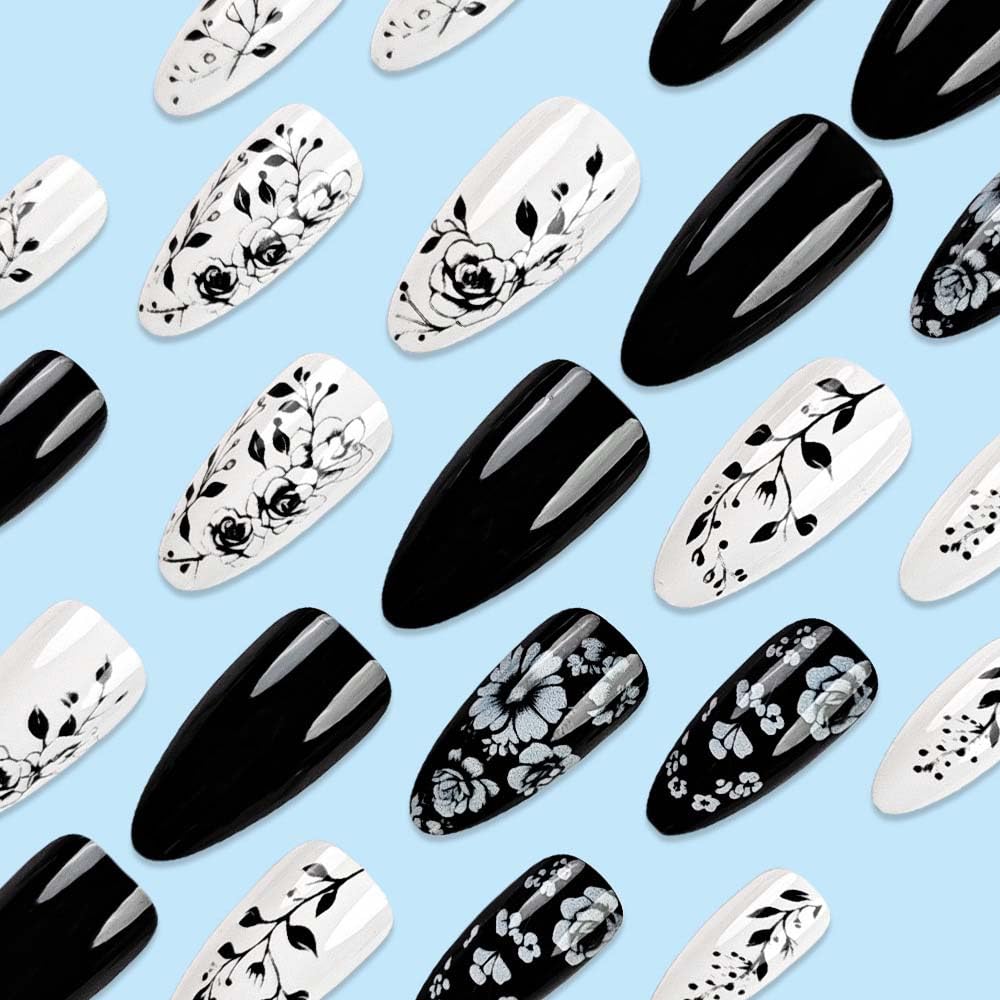 Almond Press On Nails Medium Fake Nails White False Nails With Flower Design Full Cover Acrylic Artificial Glossy Floral Glue On Nail Black Stick On Nail For Women 24pcs