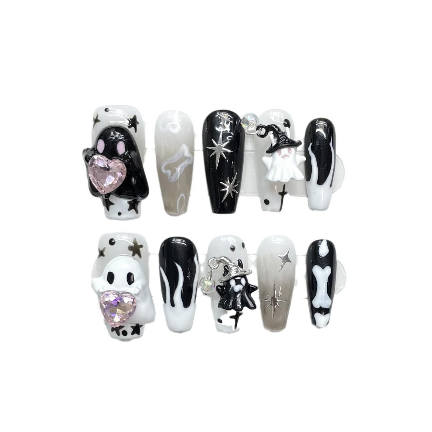 Halloween Press on Nails Bone Designs Love Heart and Little Ghost Acrylic Nail Handmade Press on Nails Medium Coffin Fake Nail Full Cover Black White False Nails for Women Manicure (Size M)