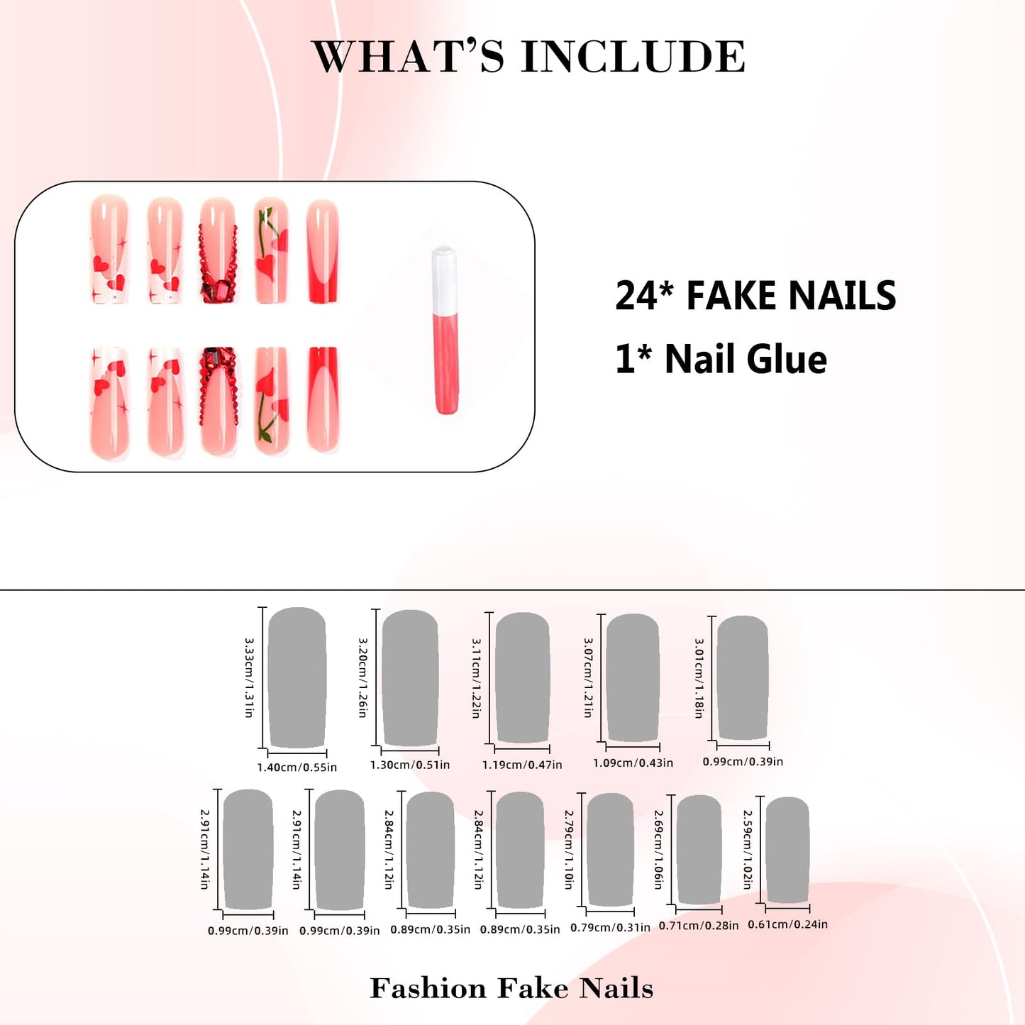 IMRAIN Red Press on Nails Long Square Fake Nails Rhinestone French Nail Tips Full Cover Acrylic Glossy False Nails with Cherry Heart Designs Glue on Nails