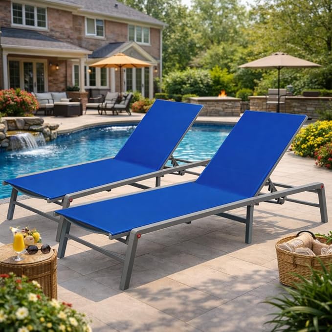 Kozyard 2-Pack Outdoor Lounge Chairs, Foldable Aluminum Frame Patio Chaise Lounge with 5-Position Adjustable Backrest, No Assembly, Breathable Textilene Fabric for Poolside Beach (Blue, Notable)