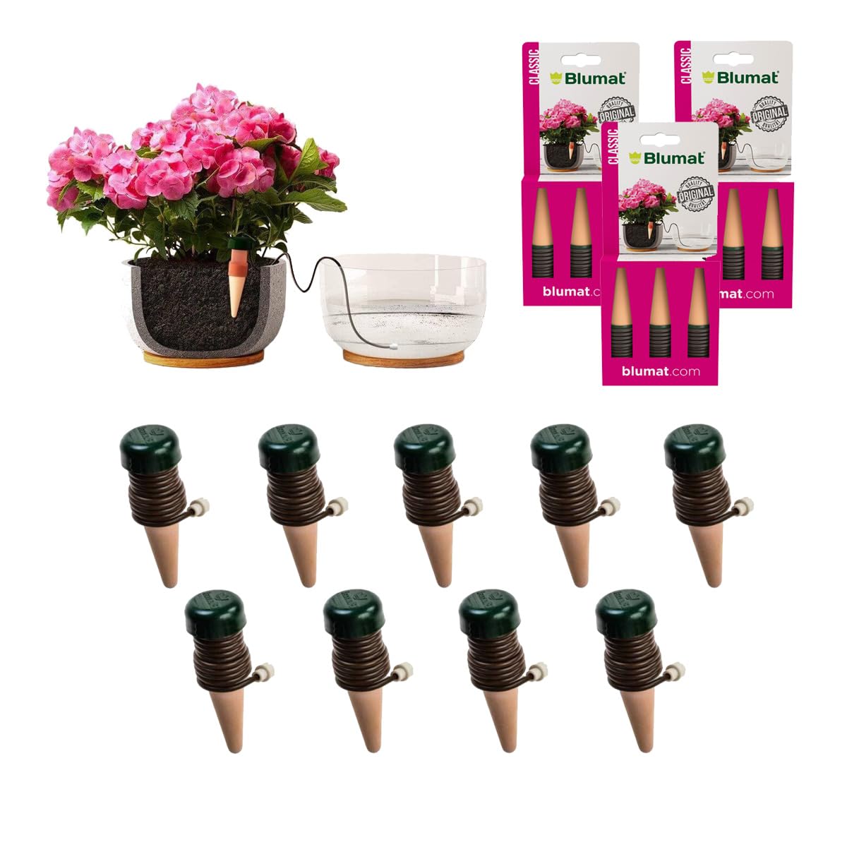 Blumat Classic Self-Watering Stakes - Automatic Drip Irrigation System for Indoor Plant Watering & Outdoor - Water Drip Solution for Potted Plants - Slow Release Stakes, 9 Pack, wo Adapter
