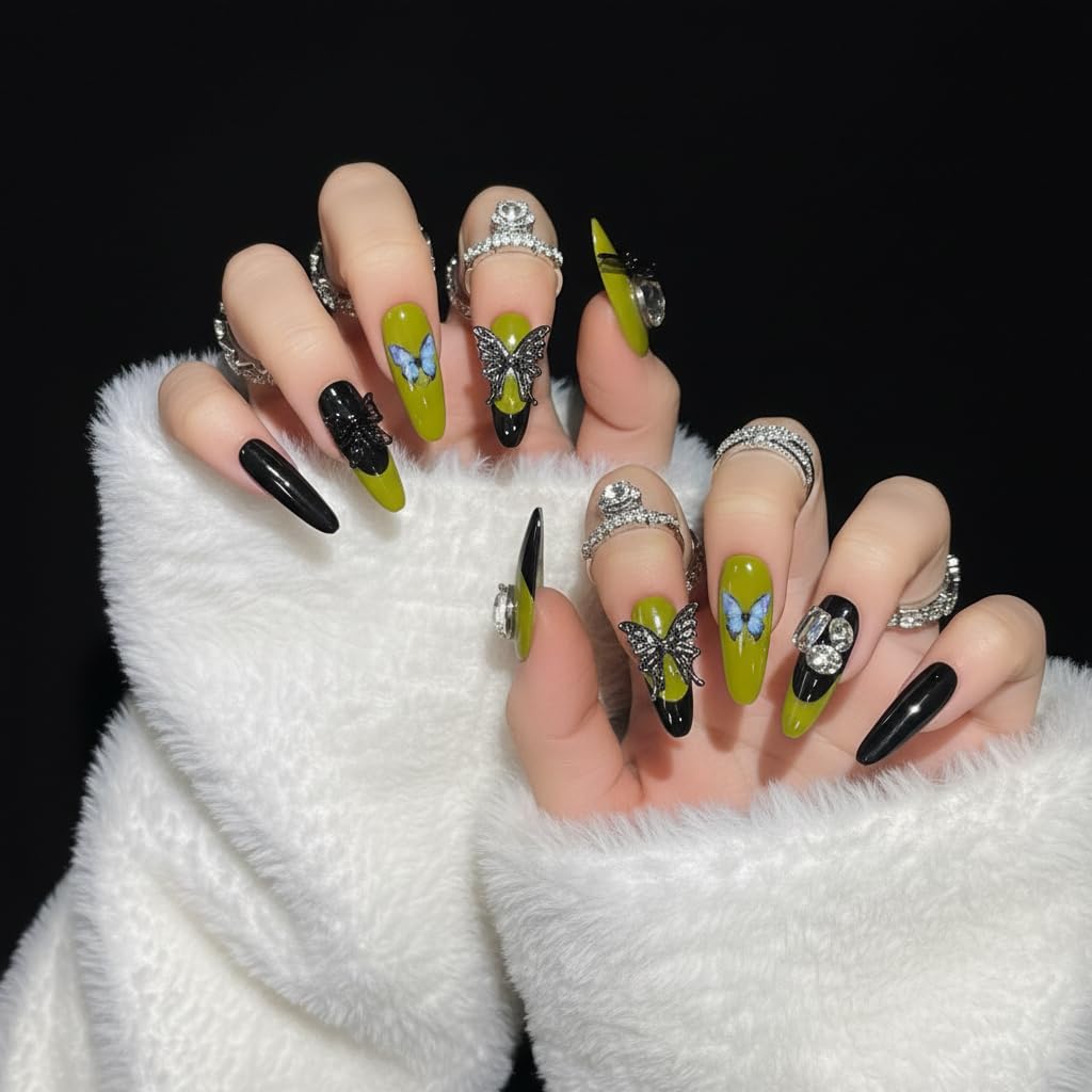 Handmade Press On Nails Green Butterfly Reusable Stick On Fake Nails Luxury Elegant Sexy Style For Women Gift With Nail Glue S