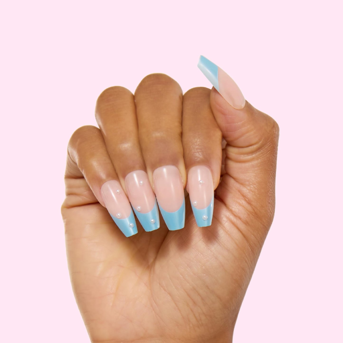 PaintLab Press On Nails - Blue Moonlit Periwinkle 3D Pearl Coffin Fake Nails, 30 Nails in 15 Sizes with Glue, Reusable Salon Quality Press On Nails