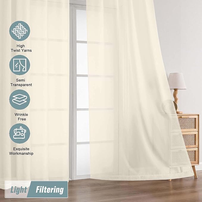Cream Sheer Curtains 84 Inches Long 2 Panels, Elegant Airy Transparent Light Filtering Window Curtains, Window Drapes for Living Room Bedroom, Top Dual Rod Pocket Design, 2x42Wx84L Inches