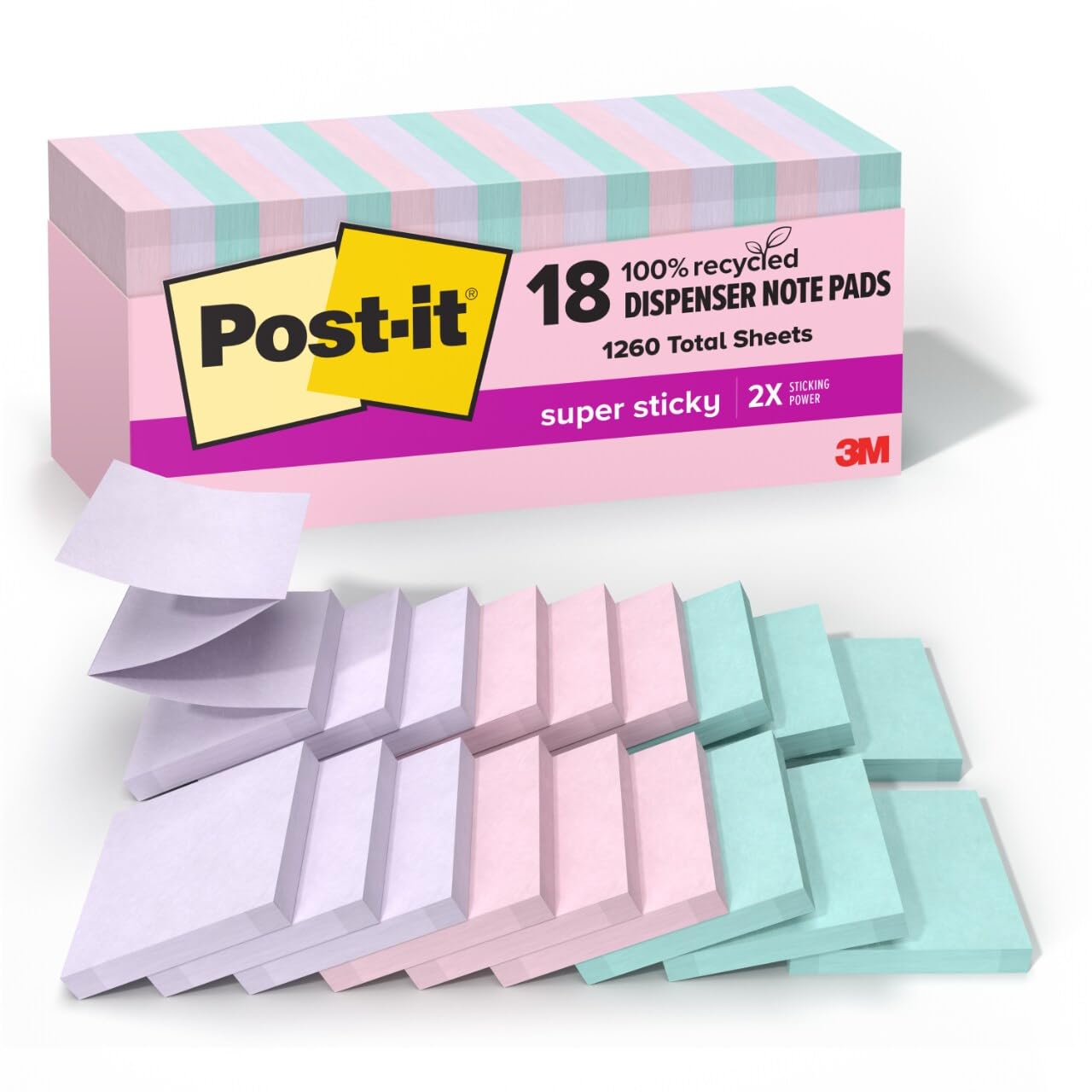 Post-it 100% Recycled Paper Super Sticky Notes, 3 x 3 in., 18 Sticky Note Pads, School Supplies and Office Products, Sticky Notes for Vertical Surfaces, Wanderlust Pastels Collection