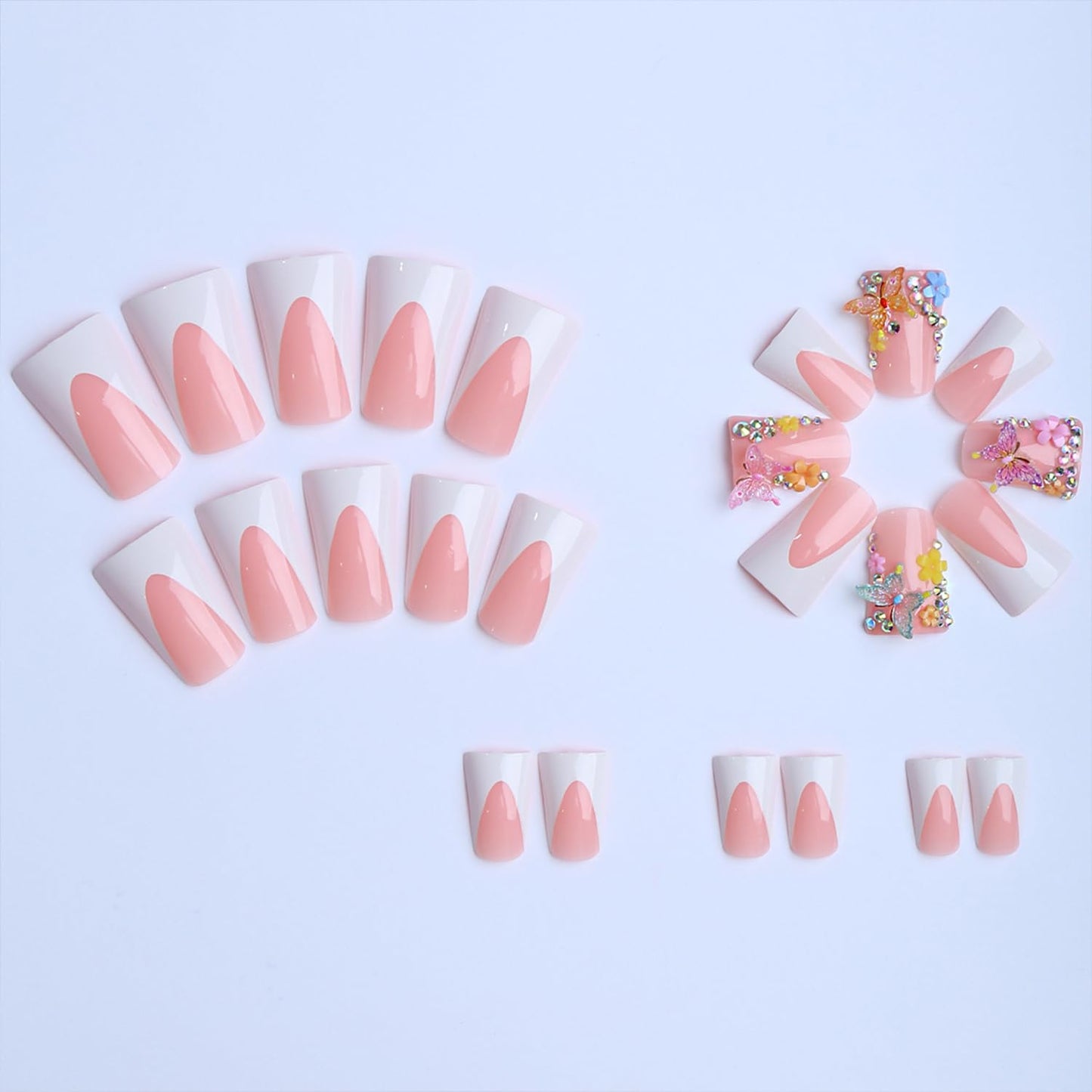 Duck Press on Nails Medium Fake Nails with Butterfly Rhinestones Designs White French Tip False Nails Press ons Spring Summer Flower Stick on Nails for Women Salon Quality Manicure Set