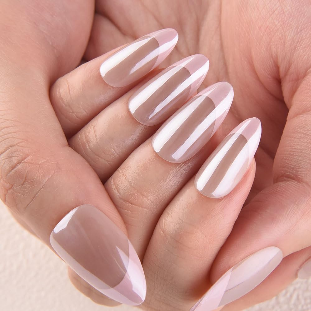evpct French Tip Press On Nails Medium Almond No Glue, Nude Pink Tips, Chrome Glazed Glossy Medium Almond Fake False Press on Nails, Soft Stick on nail Press ons with Nail Kit, Reusable Salon-quality