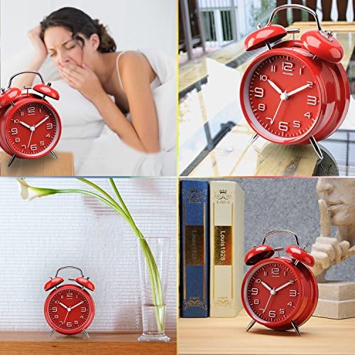 Peakeep 4 Inches Twin Bell Loud Alarm Clock for Heavy Sleepers | Backlight, Battery Operated Old Fashioned Alarm Clock for Bedrooms Kids' Room (3D-Dial, Red)