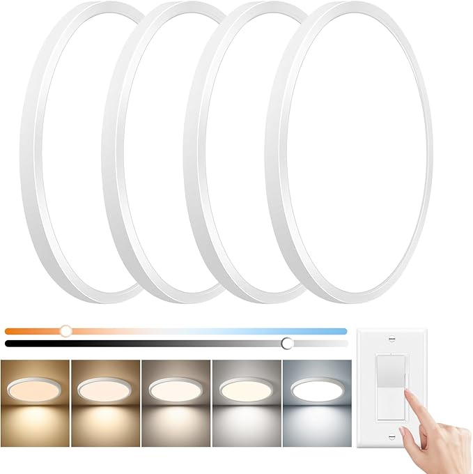 15.8 Inch Dimmable LED Flush Mount Ceiling Light, 32W, 3480LM, 3000K/3700K/4000K/5000K/6000K, Round Flat Panel Low Profile Ceiling Light Fitures for Hallway, Kitchen, Bedroom, 4PK White