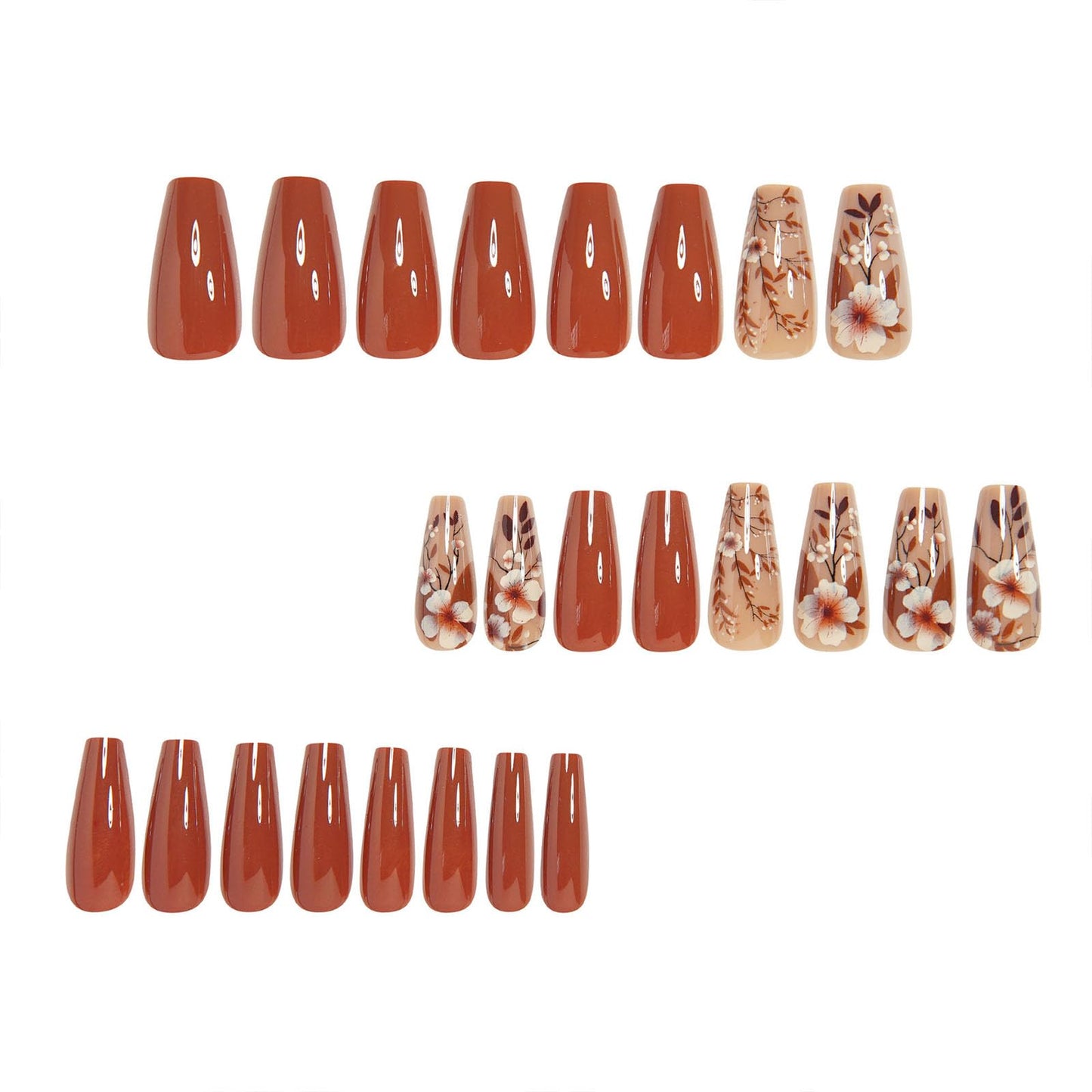 Fall Press on Nails Medium Coffin Fake Nails with Flower Leaves Designs Glossy Nails Press ons Brown Full Cover Glue on Nails Autumn Acrylic Artificial Stick on Nails for Women 24Pcs
