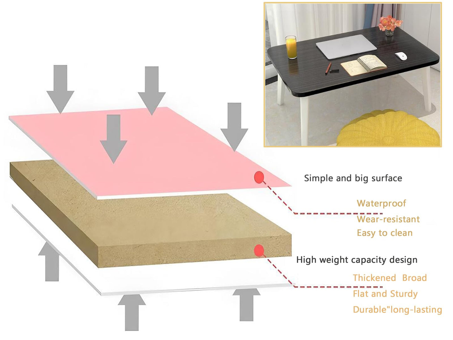 LKBBC Foldable Laptop Desk for Bed, Bed Laptop Table, Foldable Portable Lap Bed Tray, 23.6 Inch Floor Table for Drawing, Reading and Writing, Oak