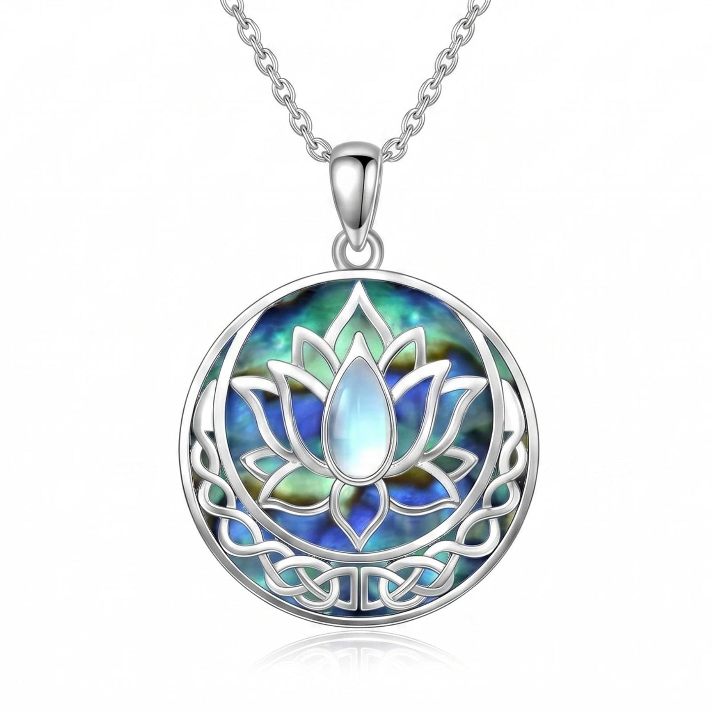 SILBAZ Lotus Necklace Moonstone Pendant Necklace Celtic Knot Pendant Yoga Lotus Jewelry for Women
