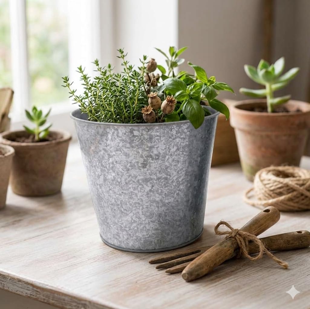 Hosley Set of 2 Galvanized Metal Buckets with Liner – Farmhouse Planters, Floral Arrangements, Storage & Candle Decor Indoor Outdoor Rustic Home Decor Pots