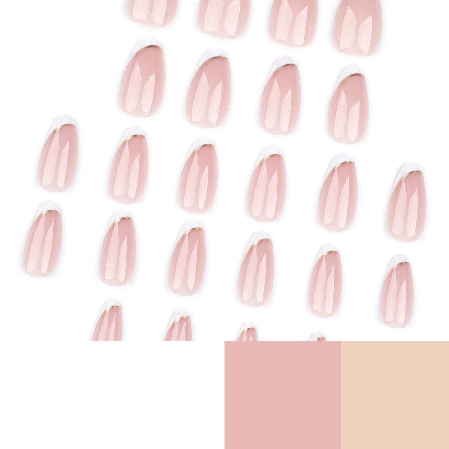 French Tip Press on Nails Almond Fake Nails with Gold Line Design Medium Full Cover Stick on False Nails for Women Manicure 24Pcs