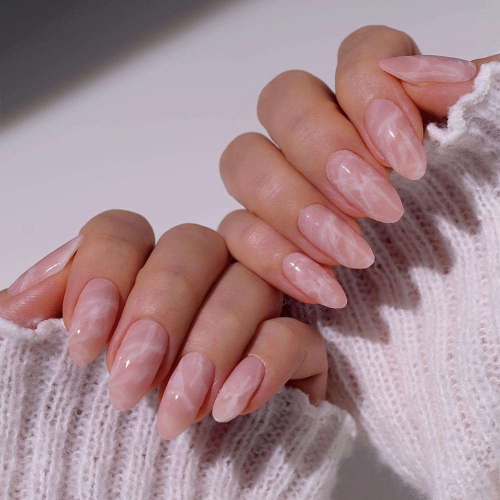 Heyhae Semi Cured Gel Nail Strips | No LED Lamp Needed | Pink, Marble | Easy Apply & Remove, Salon Quality | Includes 28 Strips, 1 Prep Pads, Nail File & Wooden Stick - Hey, Crystal Calm