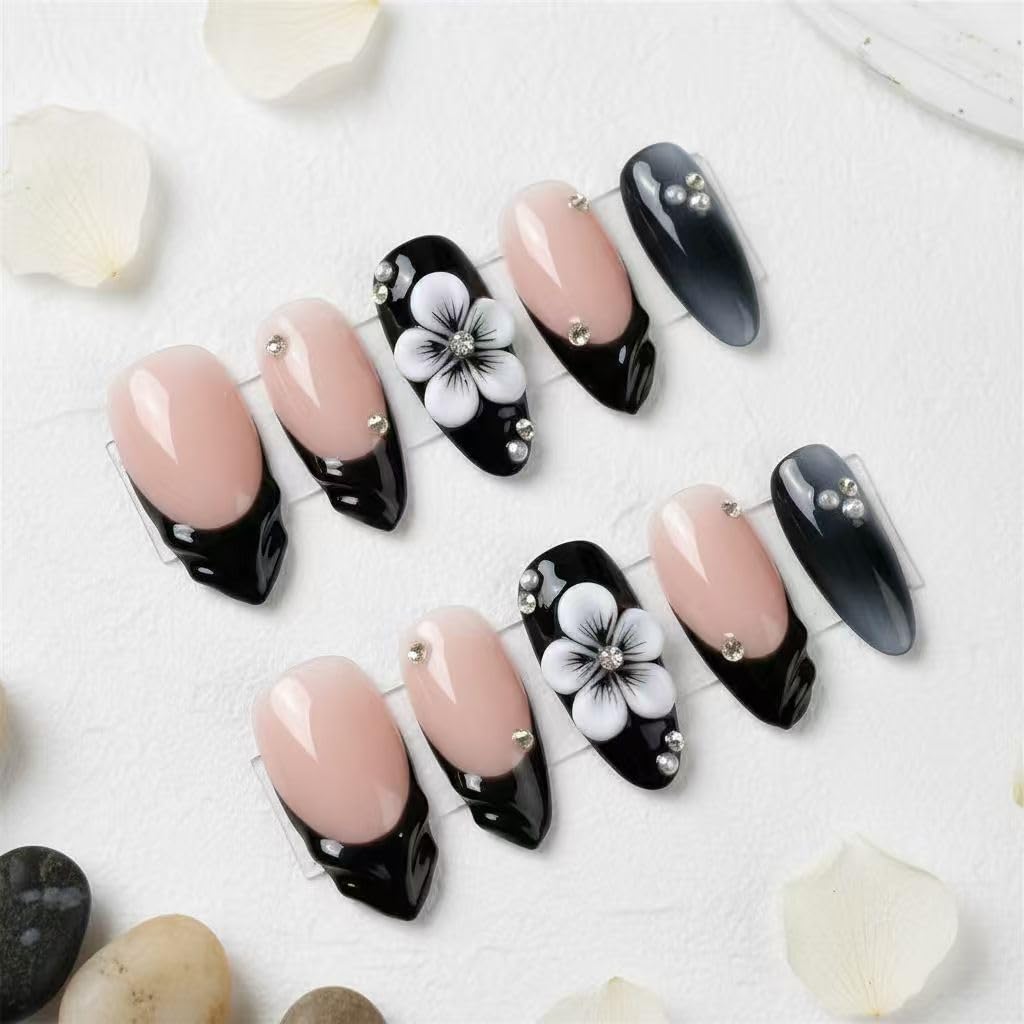 MikaJayboo Almond Press on Nails Medium Handmade Nude Base with Black French Tip Fake Nails with 3D White Flower & Rhinestone for Women Glue on Nails for Daily Party10Pcs(Size M)