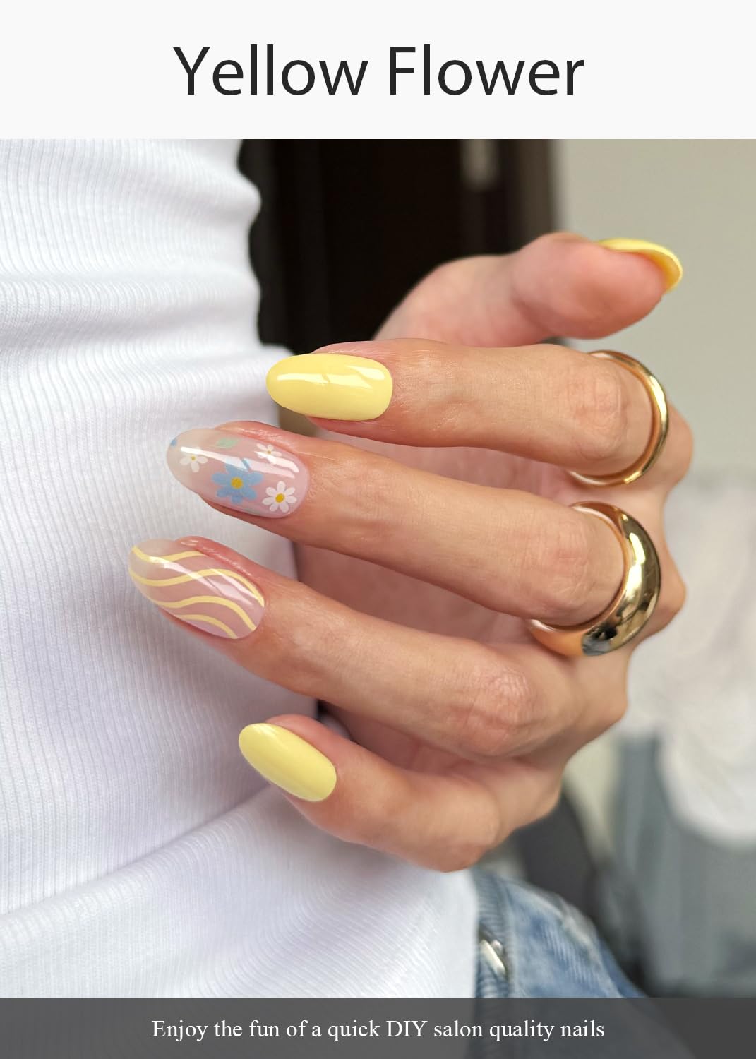 AutyaMee Semi Cured Gel Nail Strips (Yellow Flower), 20 Pcs Sping Gel Nail Wraps, Stickers, Salon Quality, Works with Any UV Lamps