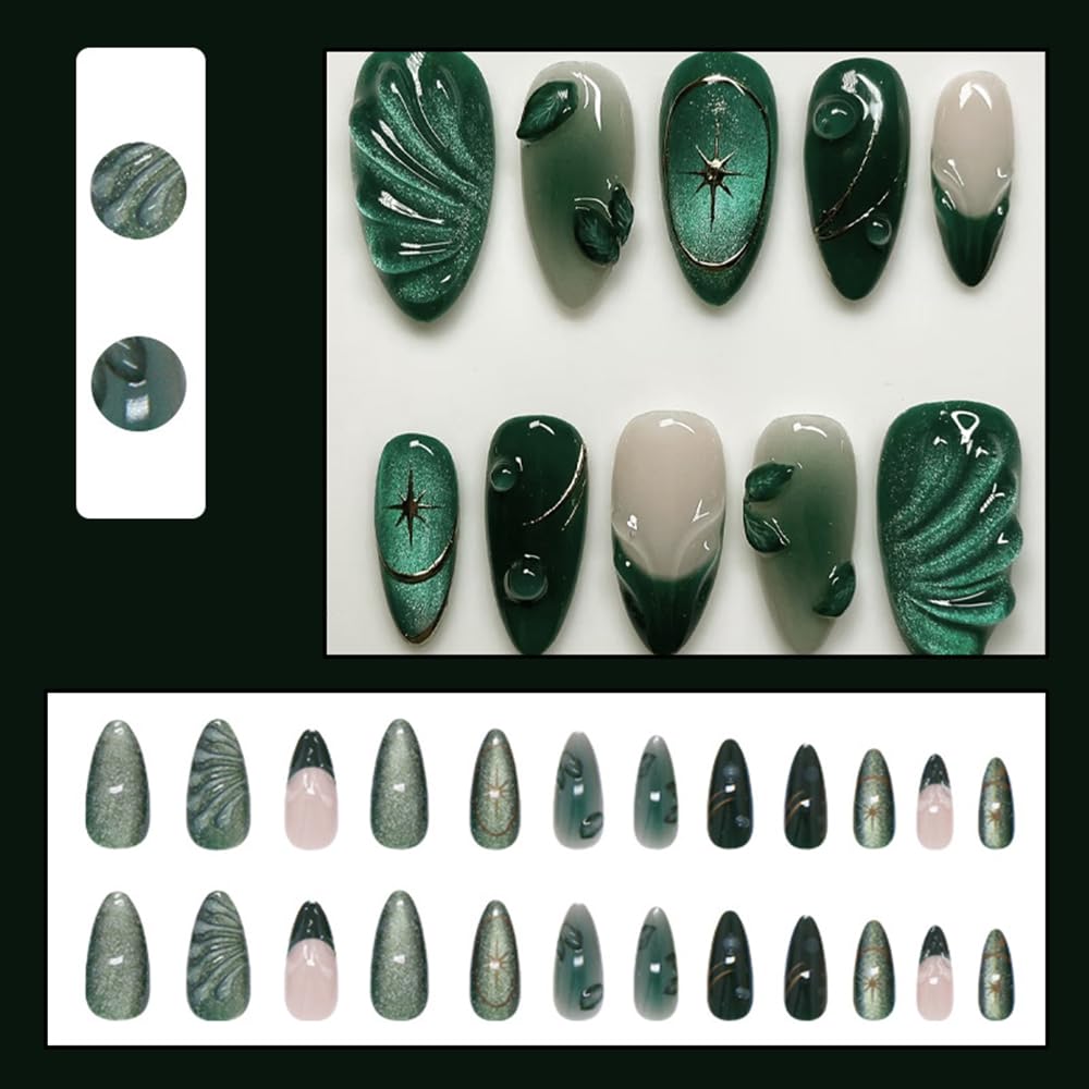 24 Pcs Glitter Green Press on Nails Short Almond,MINGCHUN Summer French Fake Nails Press ons Acrylic Nail Art Tips Kit Full Cover False Nails Glue on Nails with 3D Texture Cat's Eye Design for Women