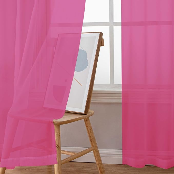 Chyhomenyc Sheer Curtains 108 Inch Length 2 Panels Set, Extra Long Light Filtering Solid Voile Window Drapes for Living Room Bedroom, 42Wx108L, 9FT Length, Set of 2, Hot Pink
