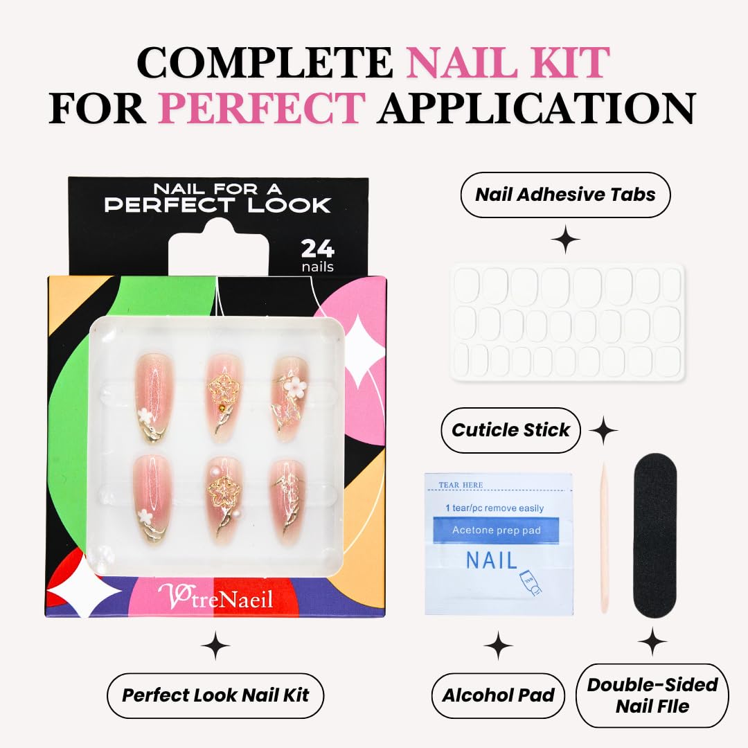 Votrenaeil Press On Nails - Spring Bloom | No Glue Short Almond Pink Ombre Fake Nails with 3D Floral for Wedding - 24 Pcs Nail Kit with Adhesive Tabs