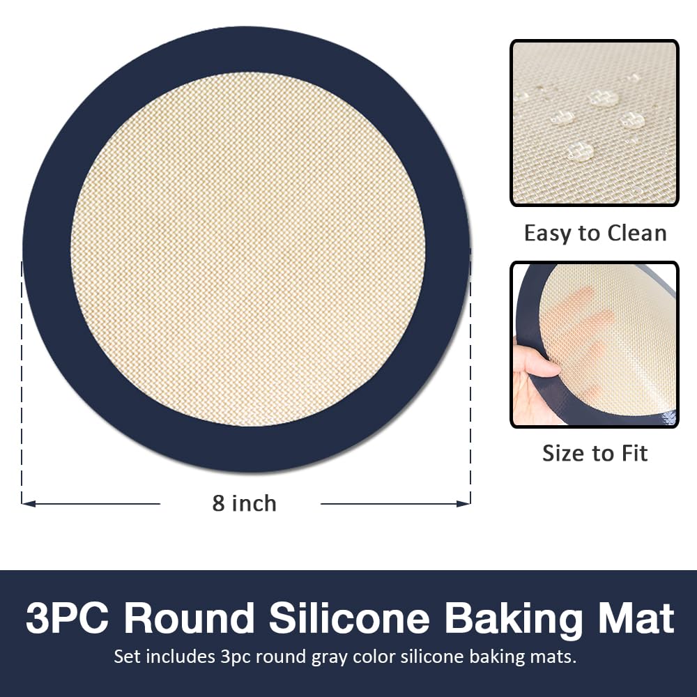 Eolilim 3PC Round Silicone Baking Mats, 8 inch Silicone Mats for Baking Easy to Clean, Reusable Baking Mats, Silicone Circle Mats for Cake Pan