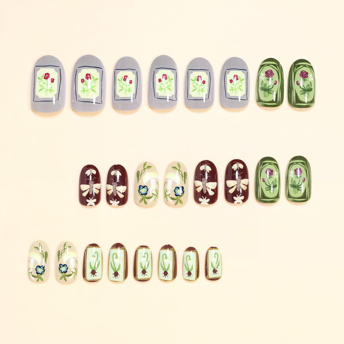 Short Oval Press on Nails - Dragonfly, Flower & Botanical Oil Painting Design, Full Cover Glossy Fake Nails 24PCS for Women Manicure