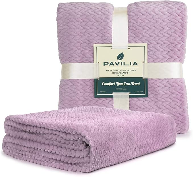 PAVILIA Soft Fleece Lavender Lilac Throw Blanket for Couch, Lightweight Plush Warm Blankets for Bed, Fuzzy Cozy Flannel Blanket Throw for Sofa, Travel, Jacquard Pattern, Light Purple, Twin, 60x80 inch