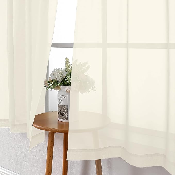 Lecloud Cream Sheer Curtains 48 Inch Length 2 Pcs, Rod Pocket Light Filtering Voile Rustic Farmhouse Bedroom Curtains, Airy Solid Window Drapes for Bathroom Basement, Each Panel 42" W x 48" L