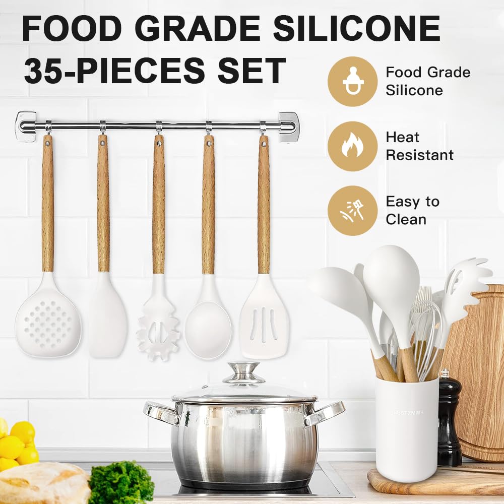 Cooking Utensils Set- 35 PCs Kitchen Utensils with Grater,Tongs, Spoon Spatula &Turner Made of Heat Resistant Food Grade Silicone and Wooden Handles Kitchen Gadgets Tools Set for Cookware