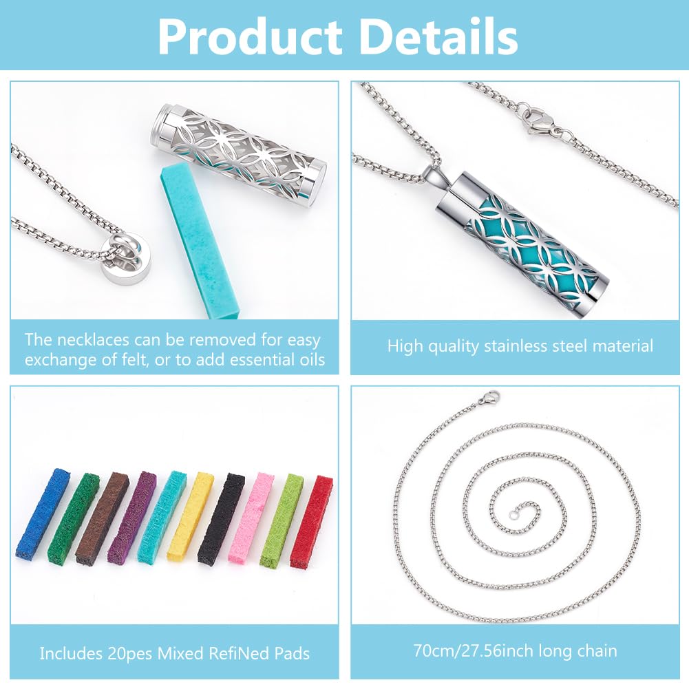 PLIGREAT 2 Pcs Stainless Steel Essential Oil Diffuser Necklaces, Mindfulness Breathing Necklaces with 20 Felt Pads Perfume Diffuser Cylinder Locket Pendant for Birthday Gift, Silver