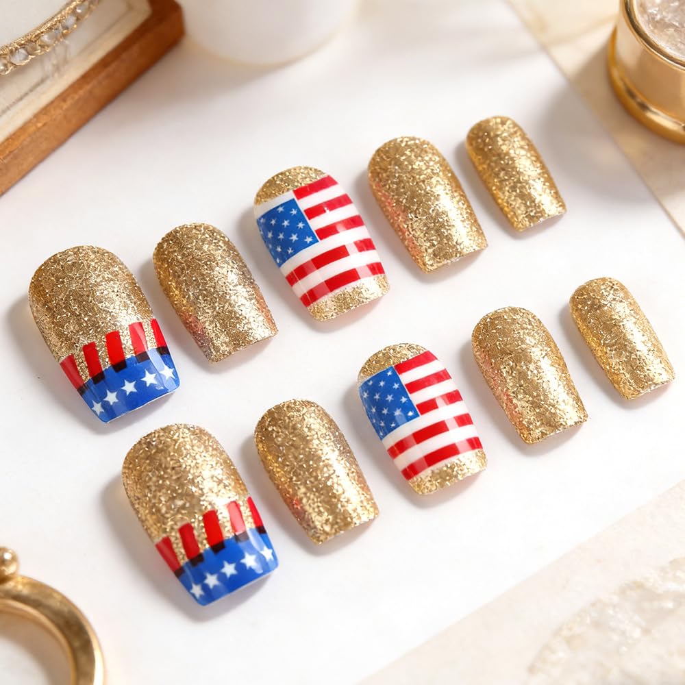 plalely Press on Nails Short Square,Handmade Acrylic Fake Nail with Designs，Short Press on Nails for Women 24pcs
