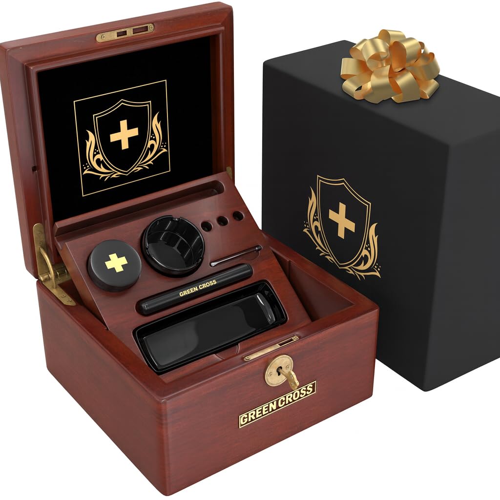 GREEN CROSS Acacia Wood Locking Valet Box – Luxury Organizer with Ceramic Tray | Premium Gift for Men | Handcrafted Wooden Keepsake Storage Box for Home or Office