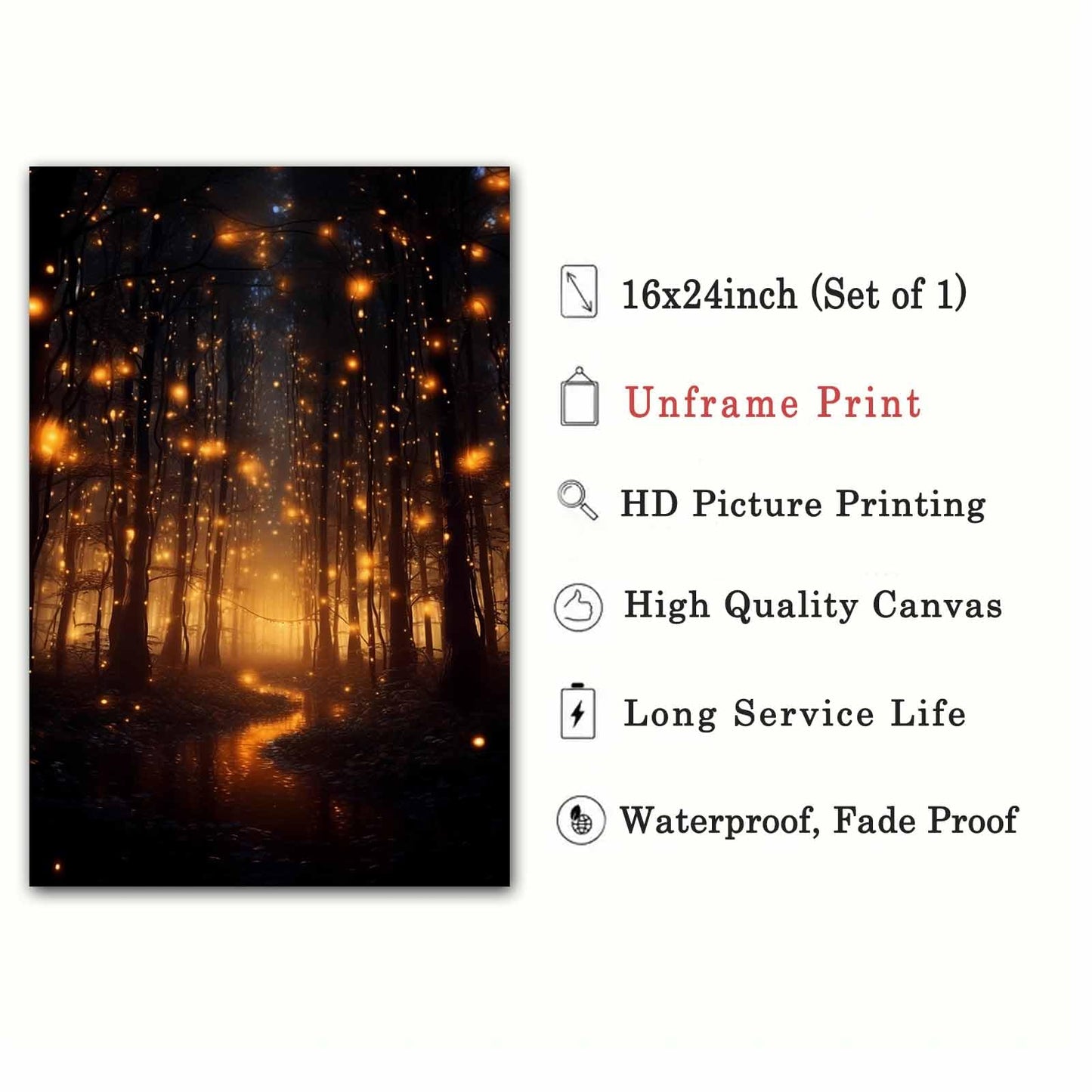 Magical Forest Wall Art Canvas - Fireflies Landscape Poster, Botanical Prints, Moody Natural Vertical Art, Dark Academia Forest Painting for Home 16x24inch No Frame