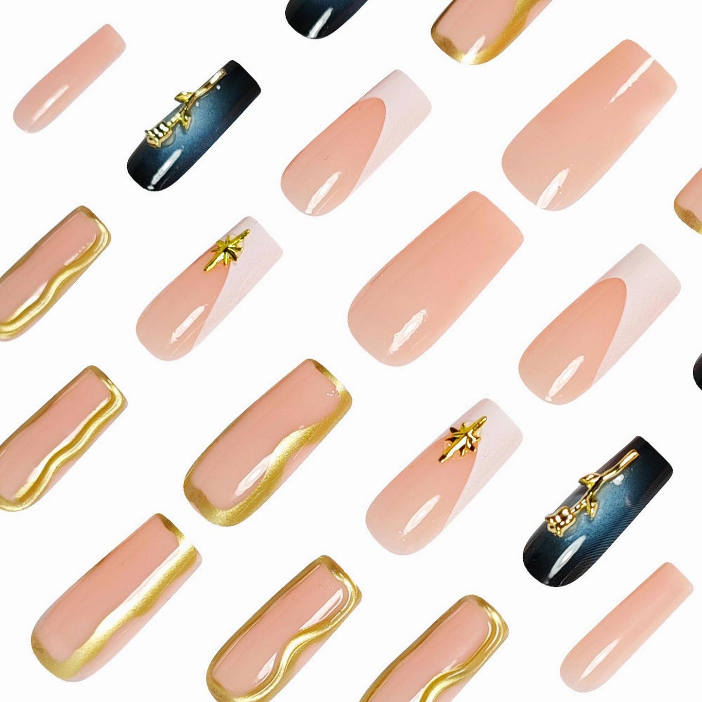 MISUD Press on Nails - Long Square Glue on Nails with White Gold Chrome, Acrylic Charms Design 24 pcs