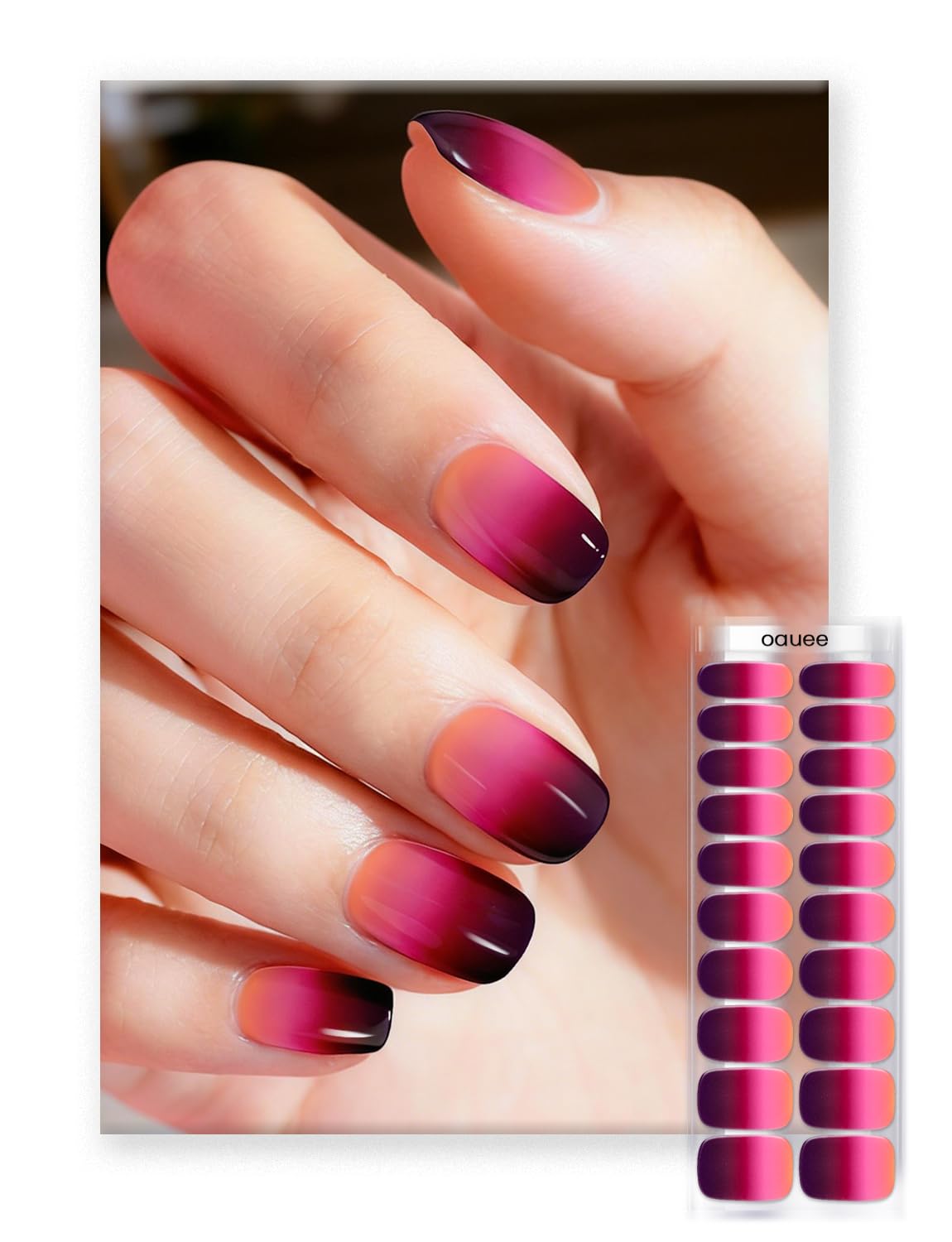 Oauee Semi Cured Gel Nail Strips | Built-In Gel Top Coat | UV Light Required | Salon Quality, Easy Application And Removal (Ethereal Fuchsia）