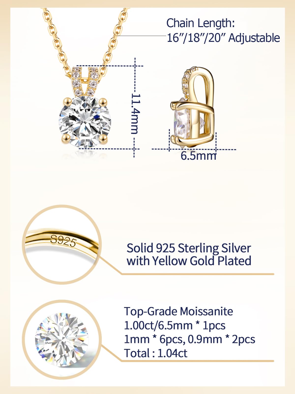 CYW Gold Plated Small Moissanite Cute Sparkle Solitaire Simple Necklace for Women 925 Sterling Silver Chain Pendant