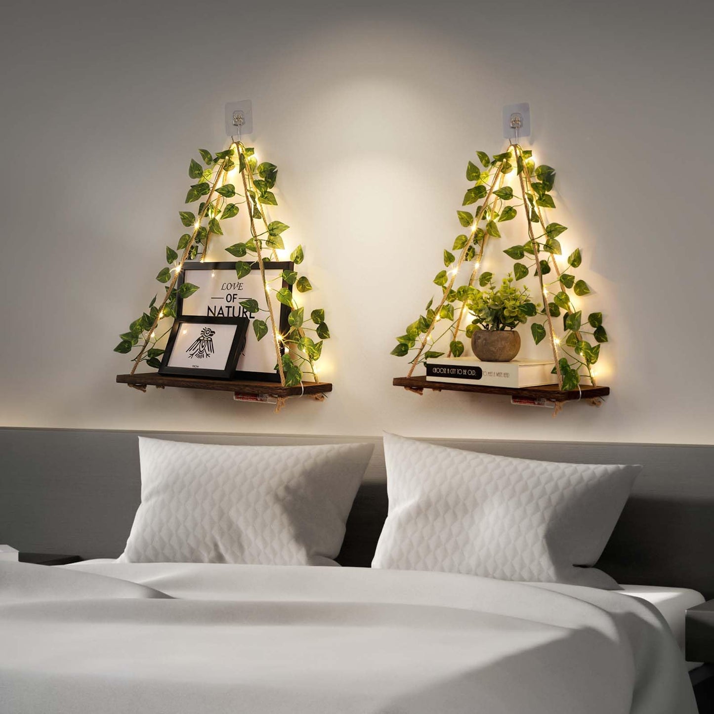 EXIN DECHEN Floating Shelves for Wall No Drilling,Wall Shelves,Hanging Shelf,Leaves and Light Strip with Flower,Set of 2 Plant Decor for Home Livingroom Bedroom,Led Room Decor Aesthetic,Gift