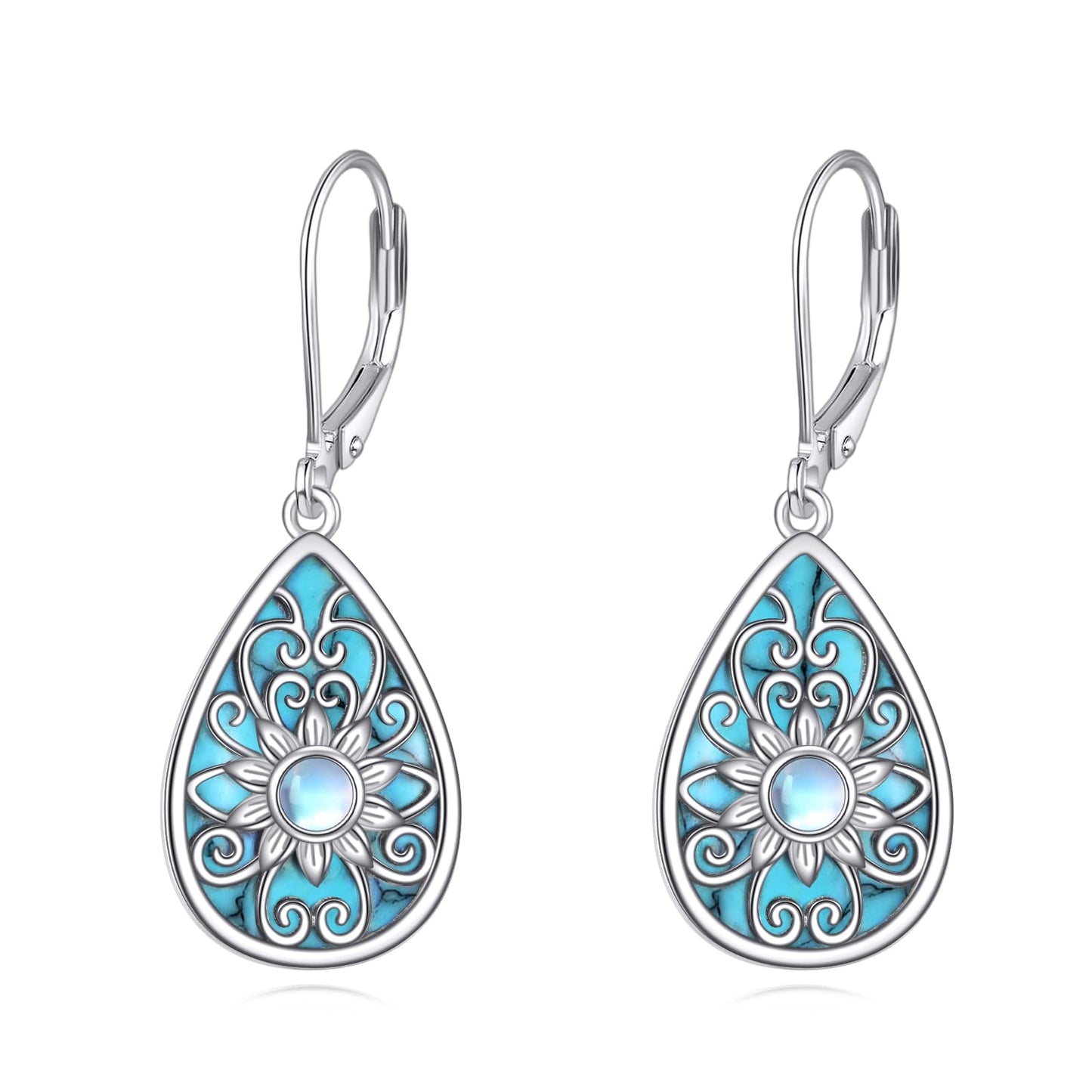 YONFQE Filigree Dangling Earrings Sterling Silver Teardrop Turquoise Drop Dangle Earring Filigree Leverback Gifts for Women