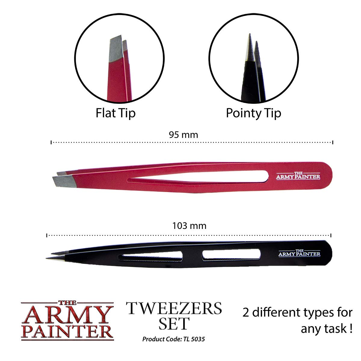 The Army Painter 2-Piece Precision Tweezers, Set of Slant & Pointy Tweezers, Craft Tweezers Precision Fine Point for Assembling Miniatures, Small Crafting Tweezers: 95mm Flat Tip & 103mm Pointy Tip
