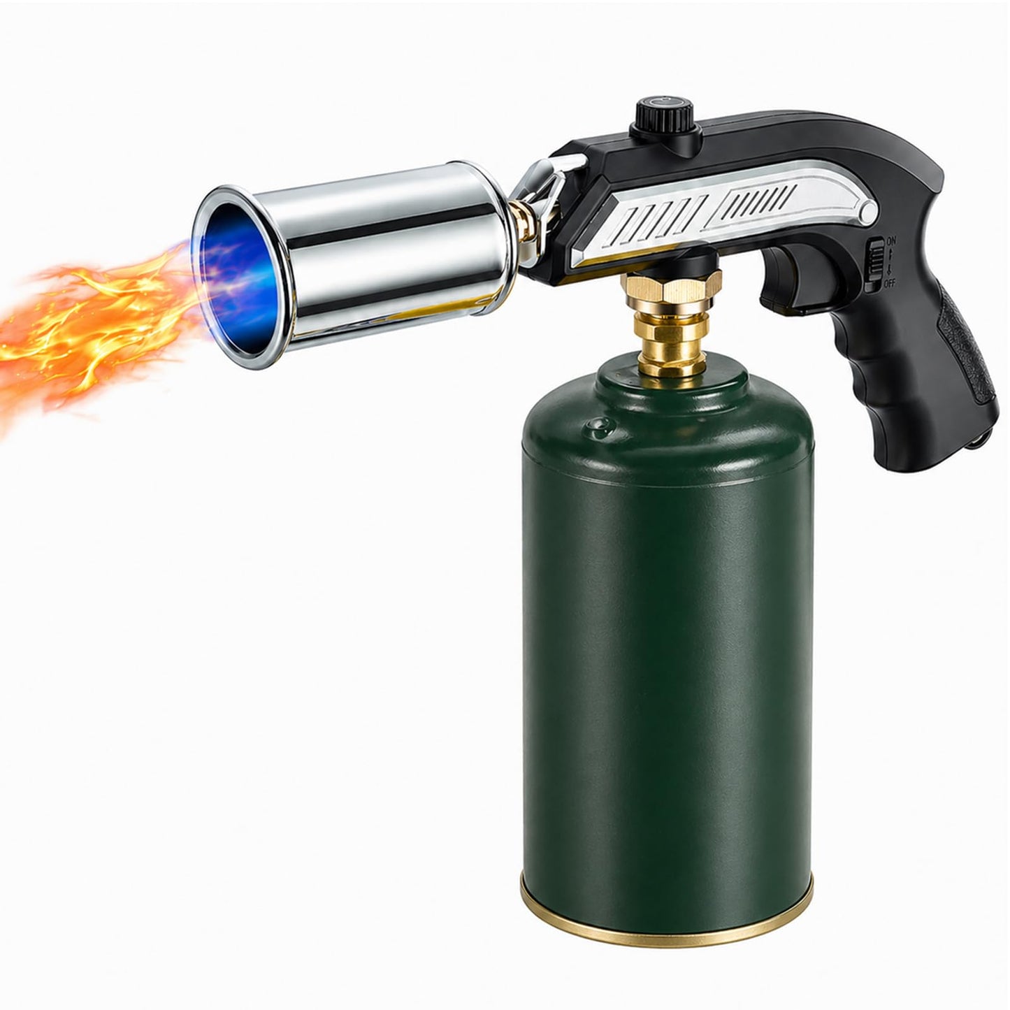 CYJBAO Propane Torch Head with Adjustable Flame & Safety Lock - Heavy Duty Brazing Burner for Soldering, BBQ Grill, Charcoal, Fire Starter, and Culinary Cooking (Tank Not Included)-Black Silver